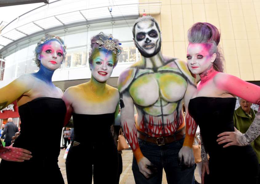 People in body paint in the window scaring people 'left to right Vicky Townsend, Justine Cotton, Christopher Dean and Carly Hain ANL-151026-082716009