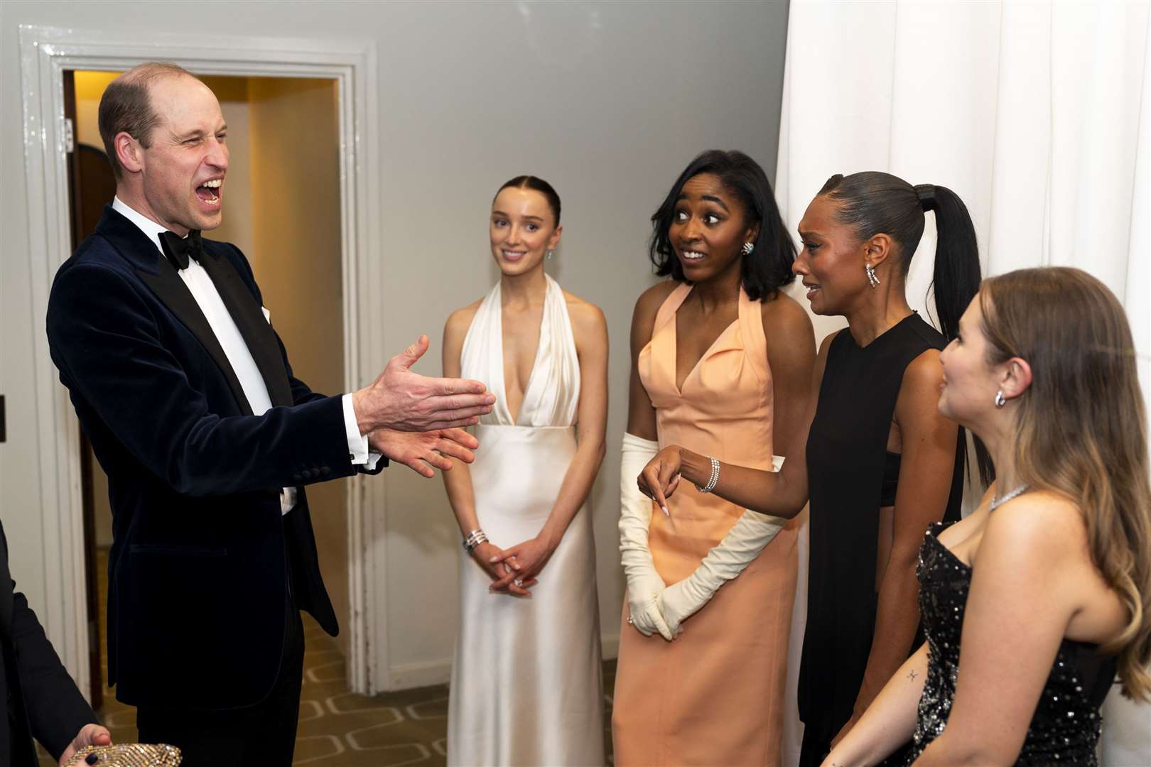 The Prince of Wales meets EE Rising Stars Phoebe Dynevor, Ayo Edebiri, Sophie Wilde and Mia McKenna Bruce after the Bafta Film Awards 2024 (Jordan Pettitt/PA)