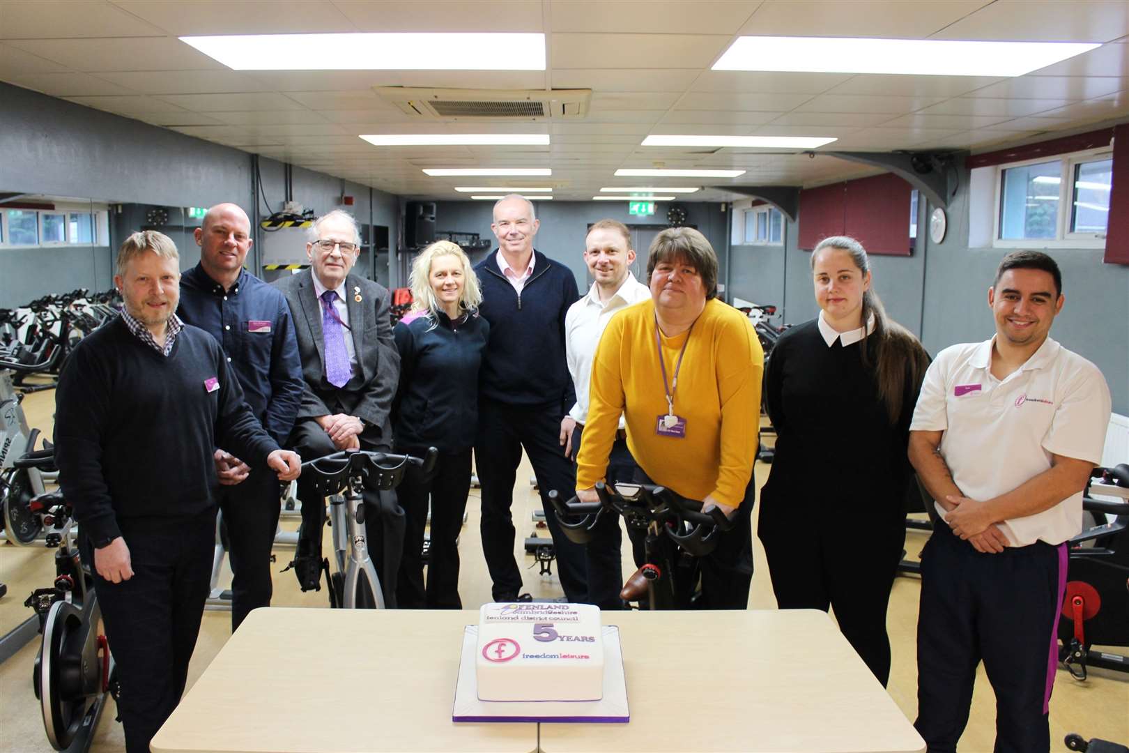 Pictured at the George Campbell Leisure Centre to celebrate five years of partnership between Fenland District Council and Freedom Leisure are, from left, Paul Doyle, regional manager for Freedom Leisure; Matt Wickham, chief operating officer for Freedom Leisure; Cllr Alex Miscandlon, Fenland District Council’s portfolio holder for leisure; Laura Clark-Green, manager of the Hudson Leisure Centre; Phil Hughes, Fenland District Council’s head of leisure and open spaces; Dan Palframan, Freedom Leisure area manager; Cllr Sam Clark, who was Fenland District Council’s portfolio for leisure when the partnership began; Courtney Wakeham, marketing manager for Freedom Leisure; and Sam Fabela, acting centre manager of the George Campbell Leisure Centre.