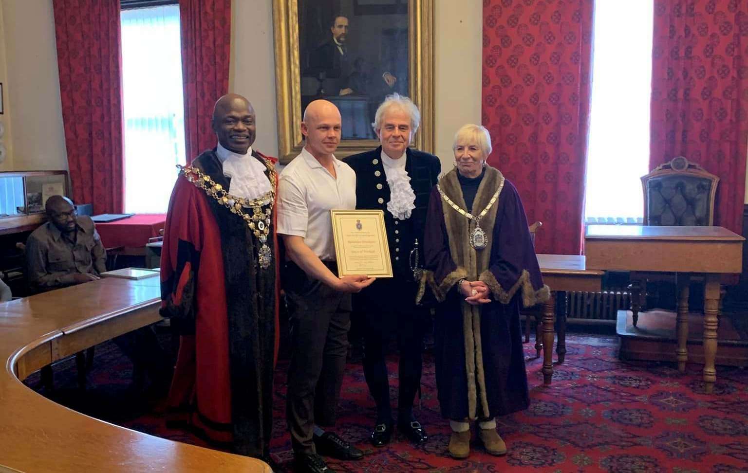 Rolandas Draskinis received his certificate from the High Sheriff, David Way and is also pictured with mayor Cllr Sidney Imafidon, and deputy mayor Janet Tanfield