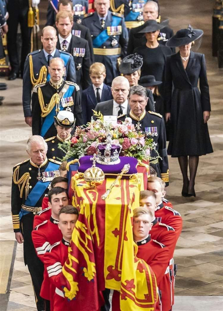 Members of the royal family follow behind the coffin of the Queen as it is carried out of Westminster Abbey after her state funeral (Danny Lawson/PA) (61597417)