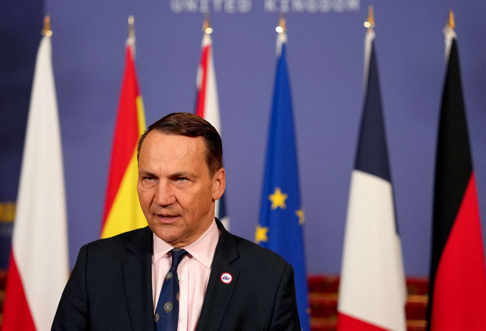 Poland’s foreign minister Radoslaw Sikorski spoke to the media during the event (Carlos Jasso/PA)