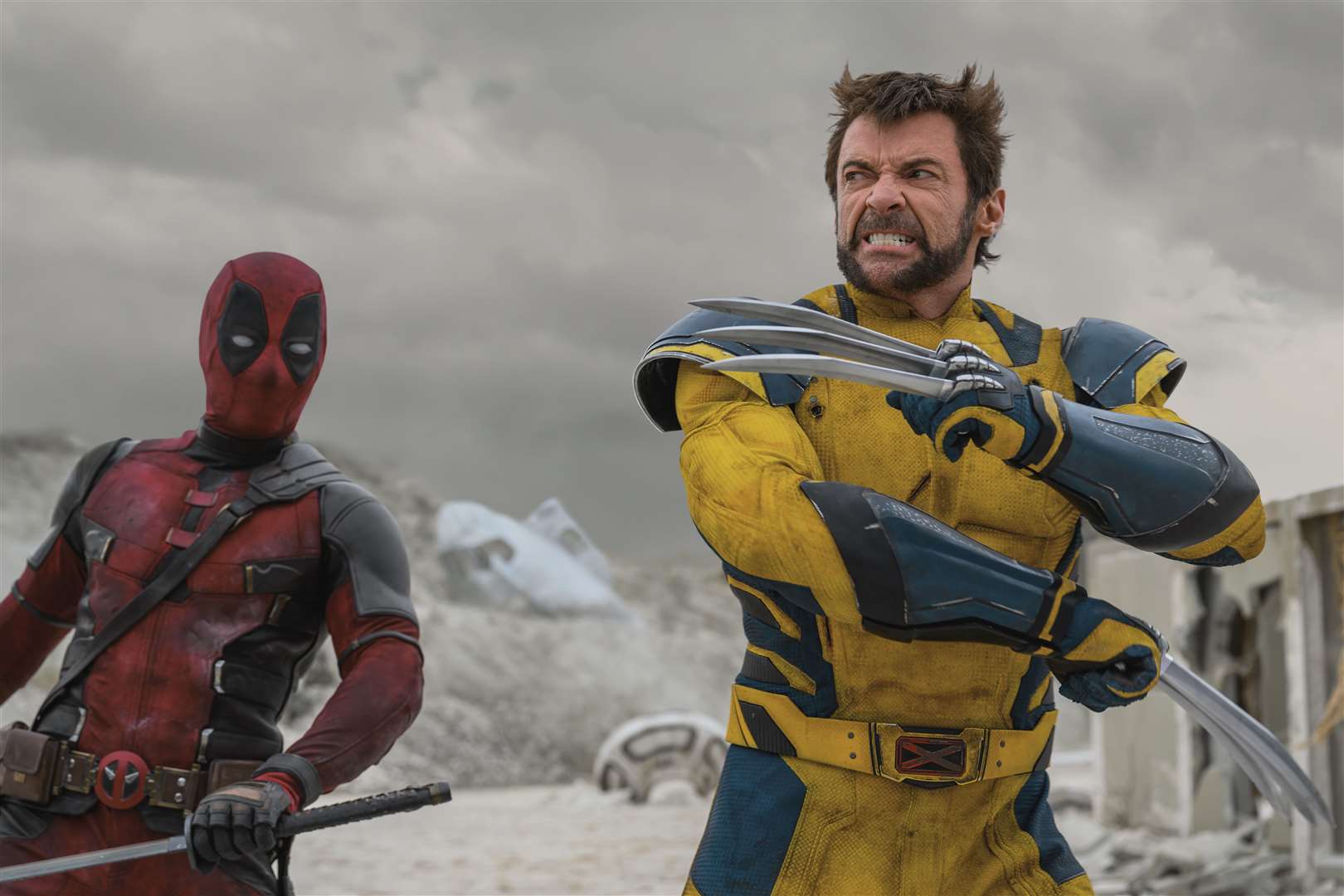 Ryan Reynolds as Deadpool/Wade Wilson and Hugh Jackman as Wolverine/Logan in Deadpool and Wolverine. Photo: Jay Maidment. © 2024 20th Century Studios / © and ™ 2024 MARVEL.