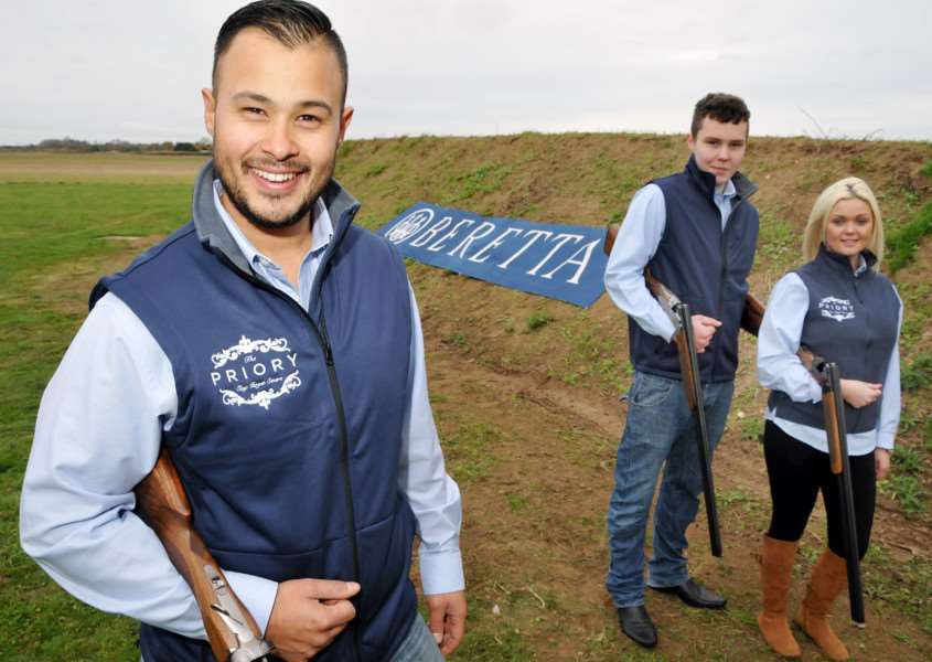 Ex-Commonwealth trap shooting gold medallist Aaron Heading at the new Priory Clay Target Centre in Sutton Bridge with centre manager Natasha Jones and grounds manager Shane Tilbrook. Photo by Tim Wilson.