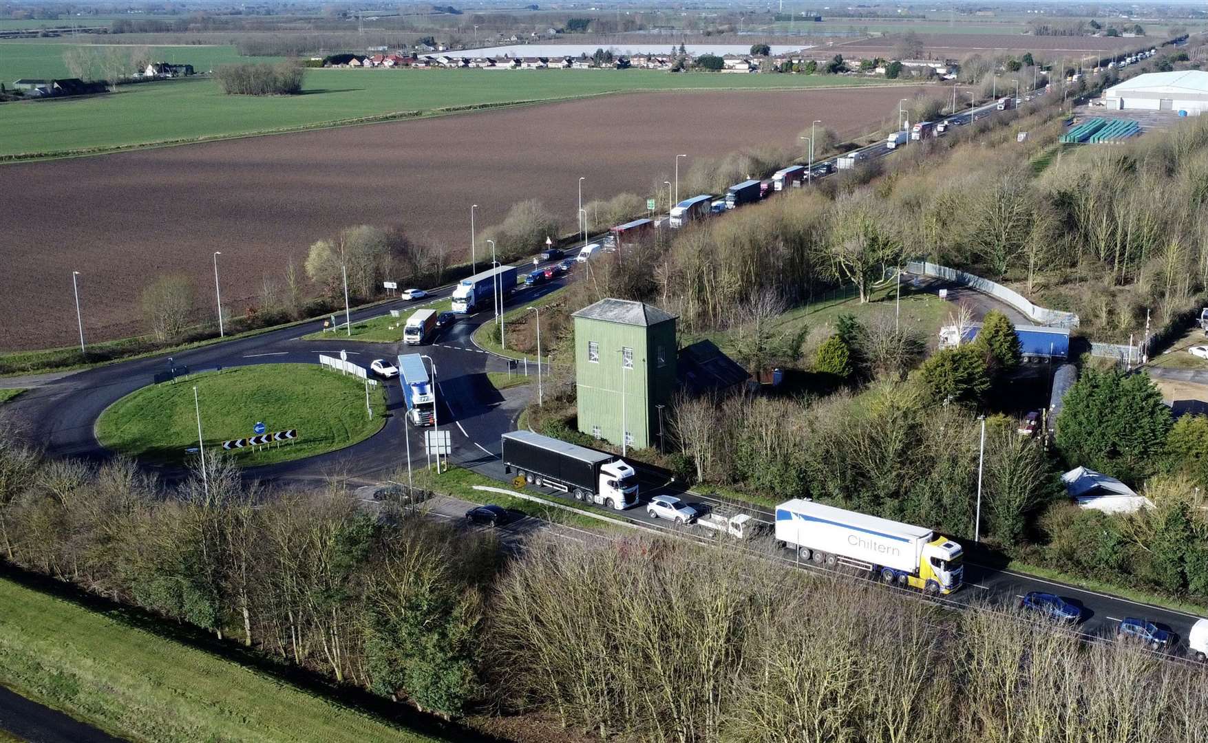 An aerial view of the Cross Keys bridge and the traffic building up