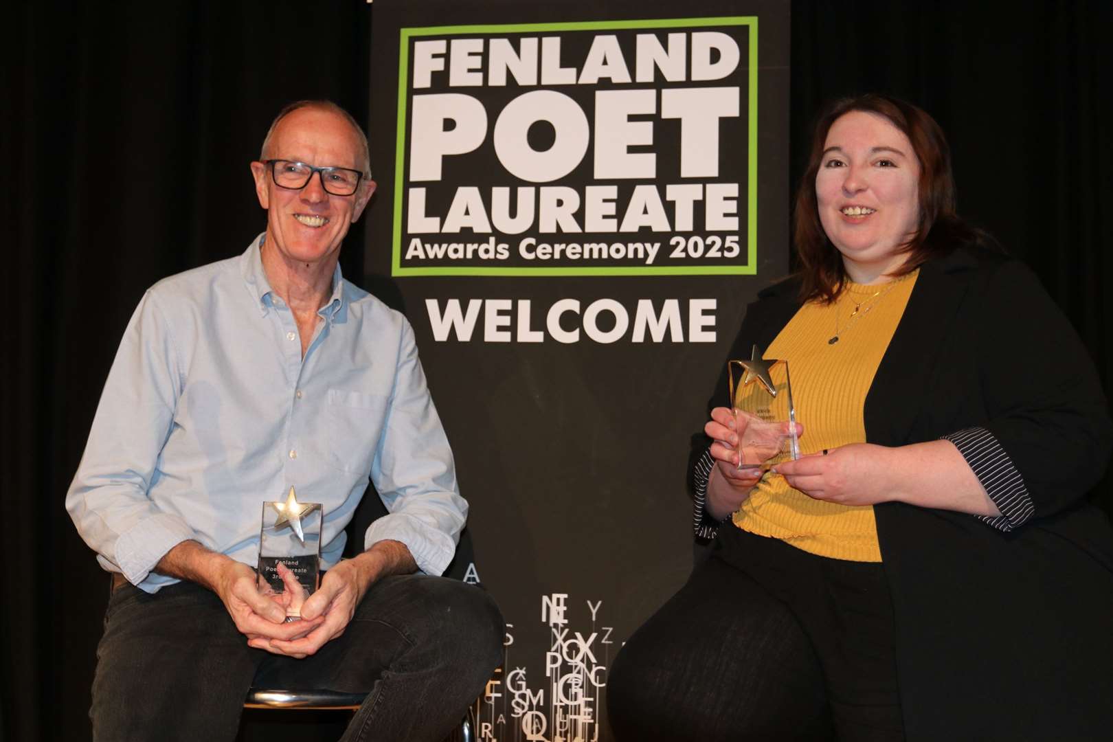 Fenland Poet Laureate runner-up, Toni Fell (right), and third prize winner Paul Dance.