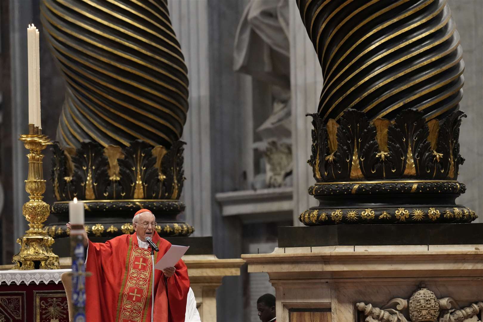 Cardinal Giovanni Battista Re celebrated a final mass with cardinals inside St Peter’s Basilica before the conclave (Gregorio Borgia/AP)