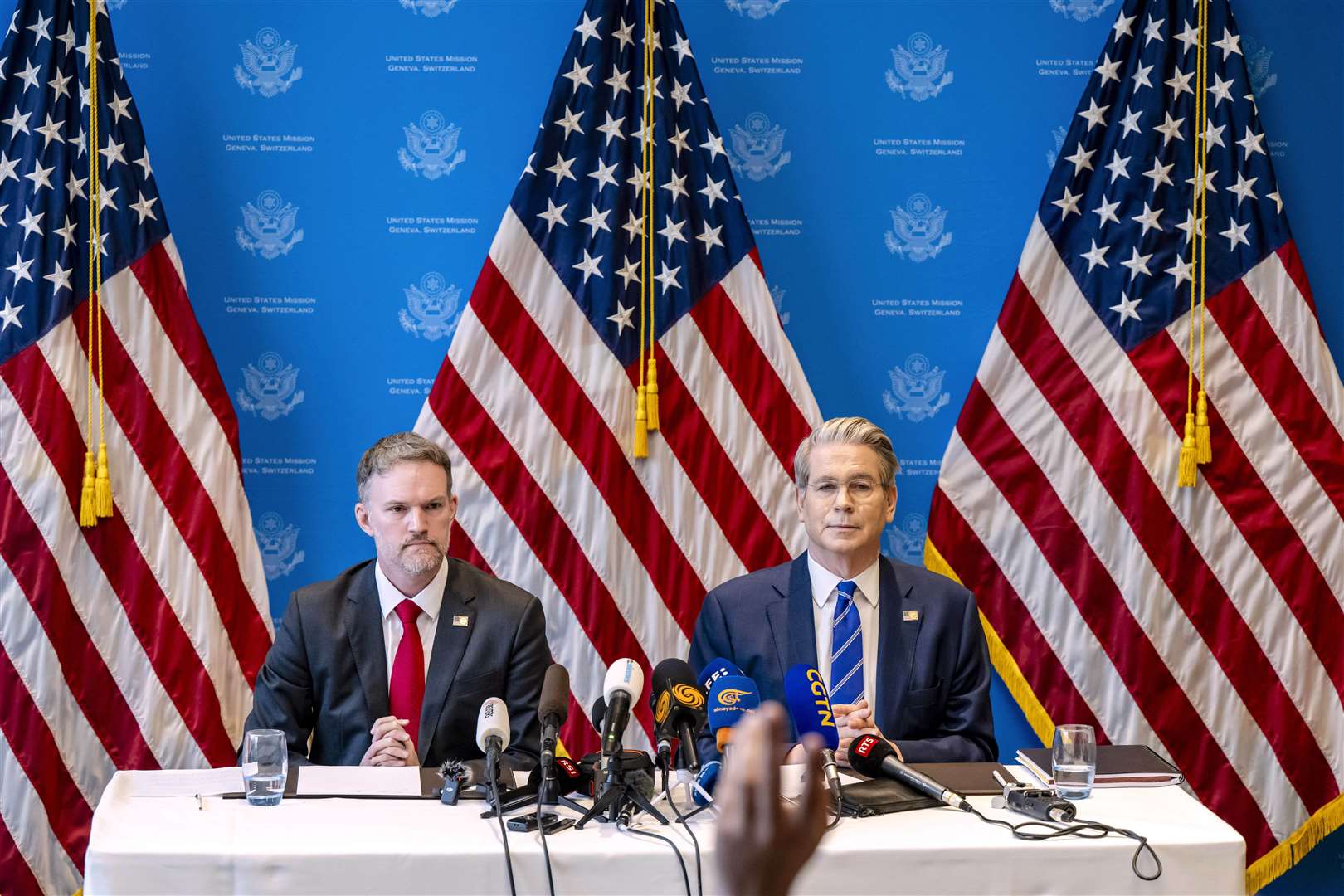 US trade representative Jamieson Greer, left, and US treasury secretary Scott Bessent during their press conference in Geneva, Switzerland (Jean-Christophe Bott/Keystone/AP)