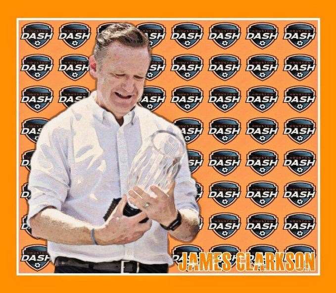 A club portrait of head coach James Clarkson celebrating Houston Dash's success in the NWSL Challenge Cup in Utah, USA. Photo supplied.