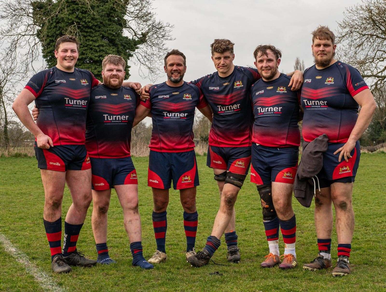 Wisbech try scores, from left, Will Lankfer, Kerrie MucMullen, Gerhard Wessels, Solomon Prestidge, Luke Hare and Luke Green. Picture: Andy Titmuss