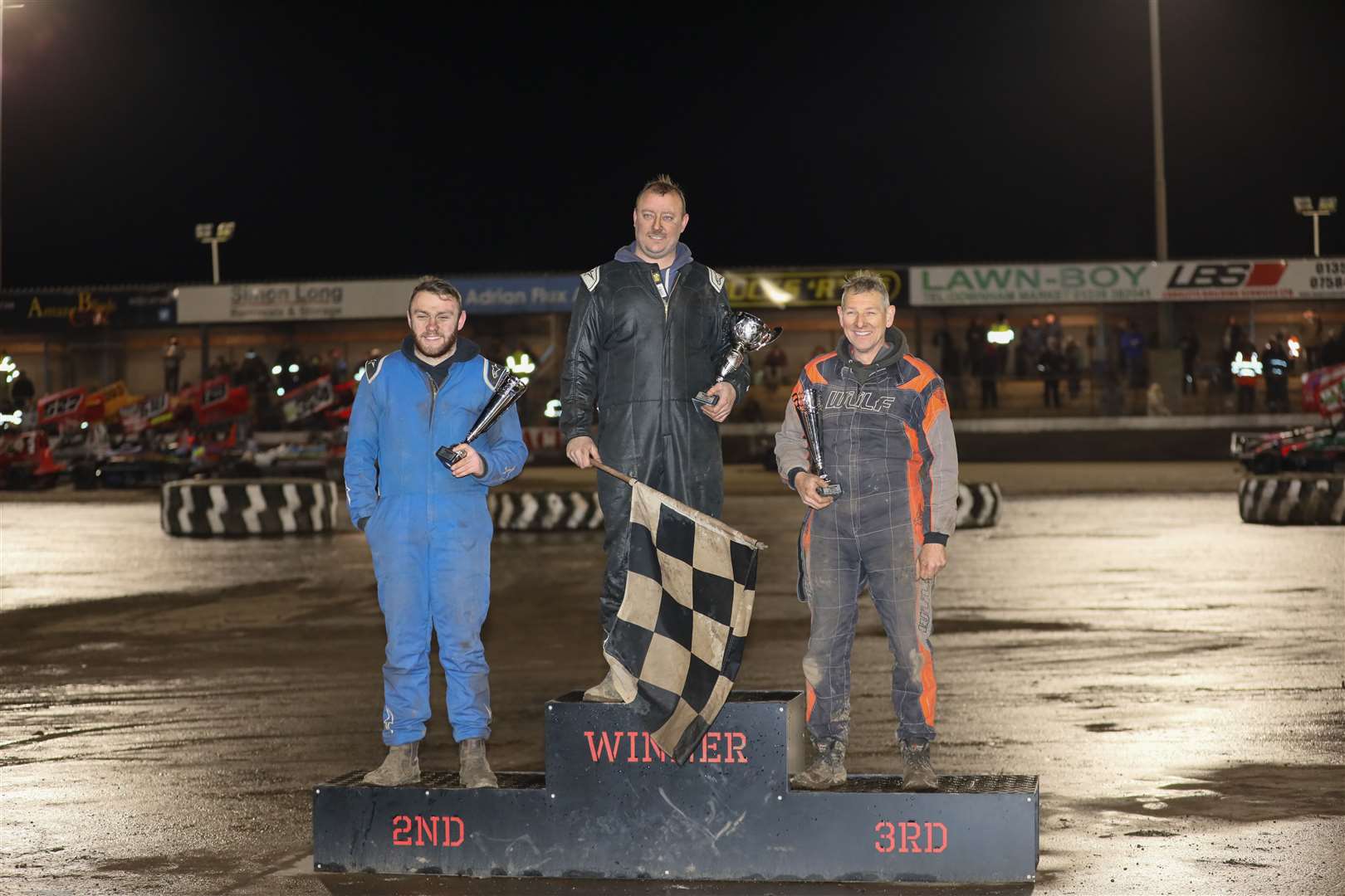 John Moat (right) following a superb third-place in the 1300 Stock Car Final, won by Jimmy Morris (centre) with Jacob Bromley (left) in second (Image: Andy Crayford) (62828409)