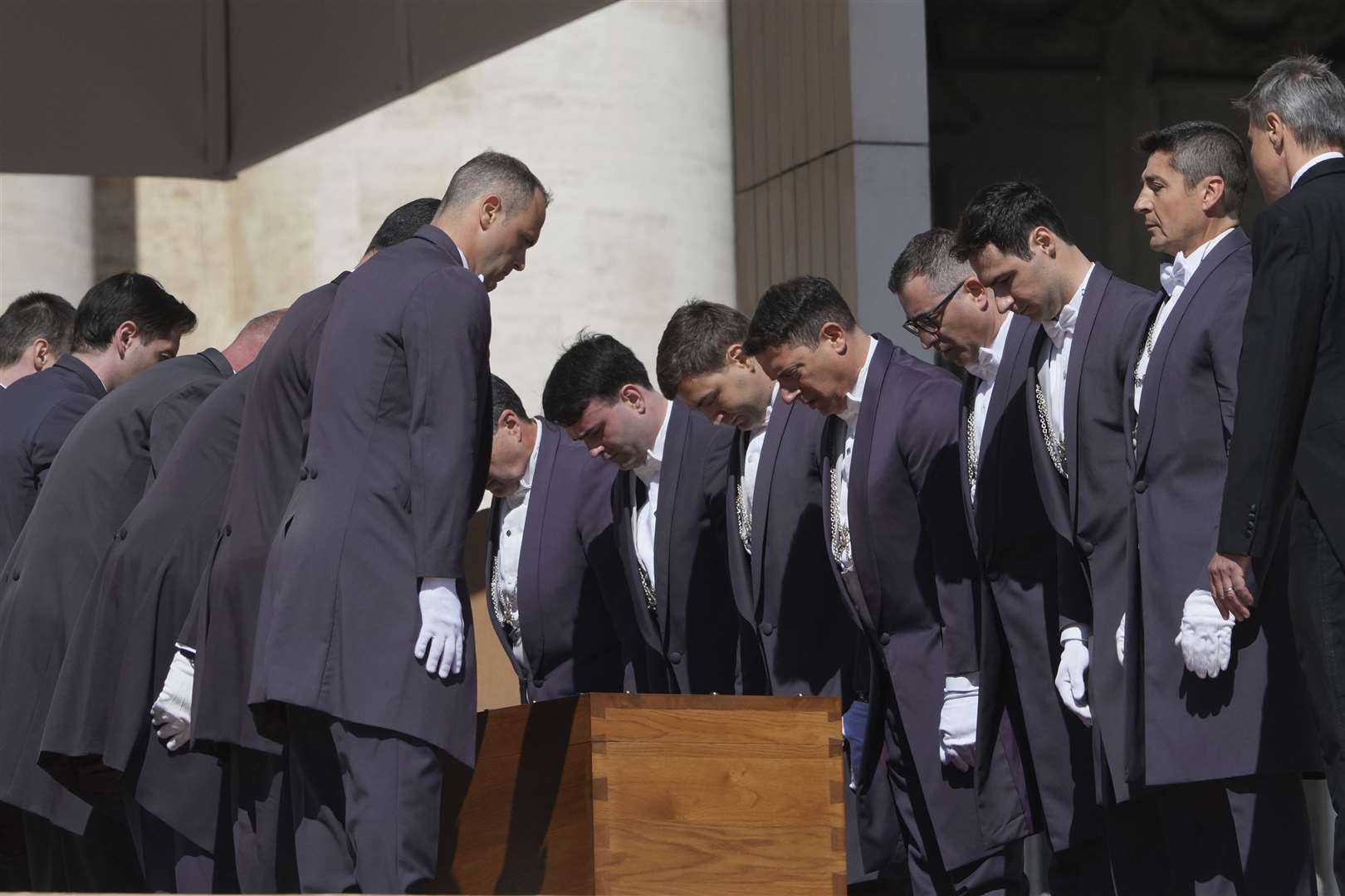 The coffin of Pope Francis is laid in St Peter’s Square (Alessandra Tarantino/AP)