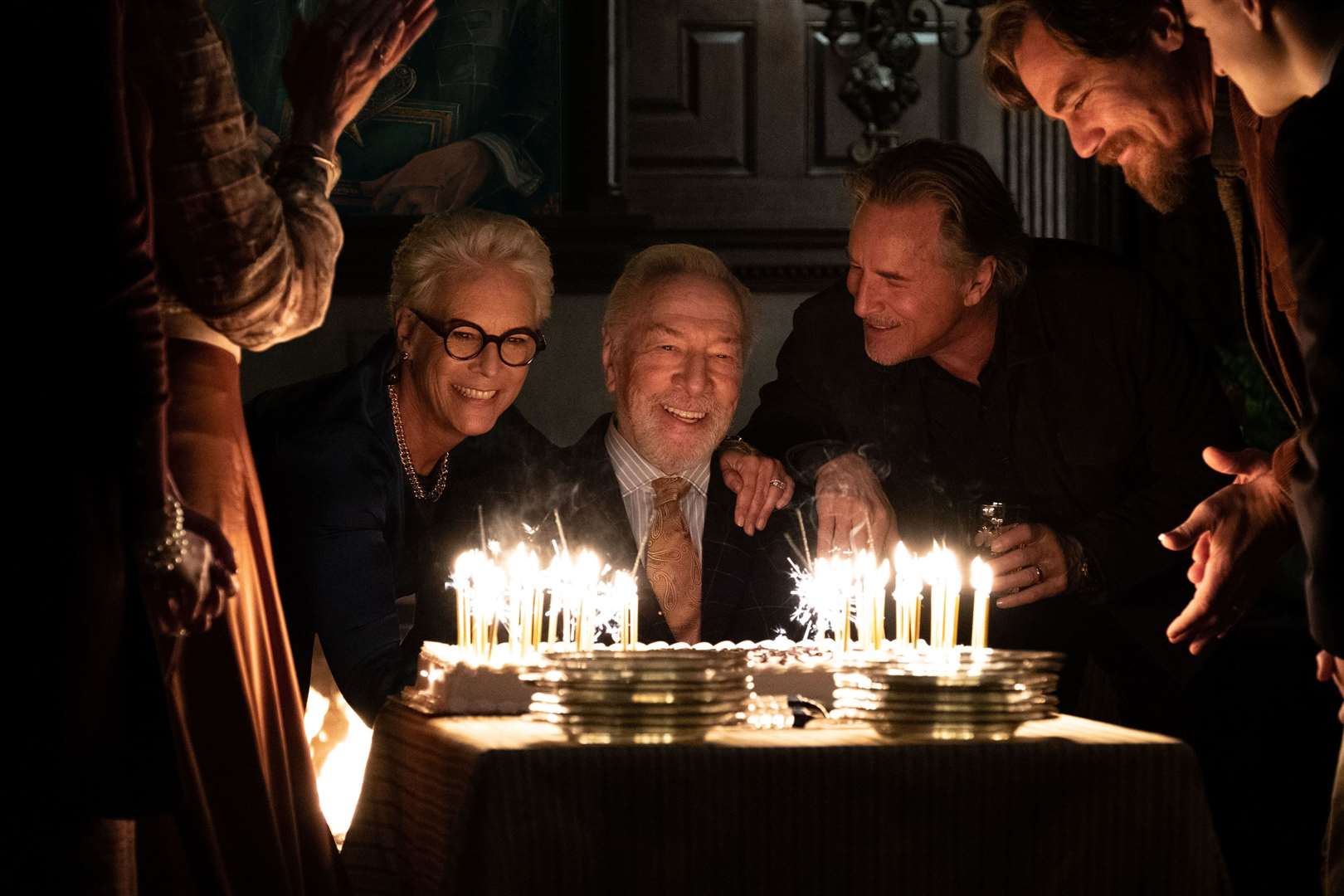 Jamie Lee Curtis as Linda Drysdale, Christopher Plummer as Harlan Thrombey, Don Johnson as Richard Drysdale, Michael Shannon as Walter Thrombey and Jaeden Martell as Jacob Thrombey. Credit: PA Photo/MRC II Distribution Company LP/Claire Folger.