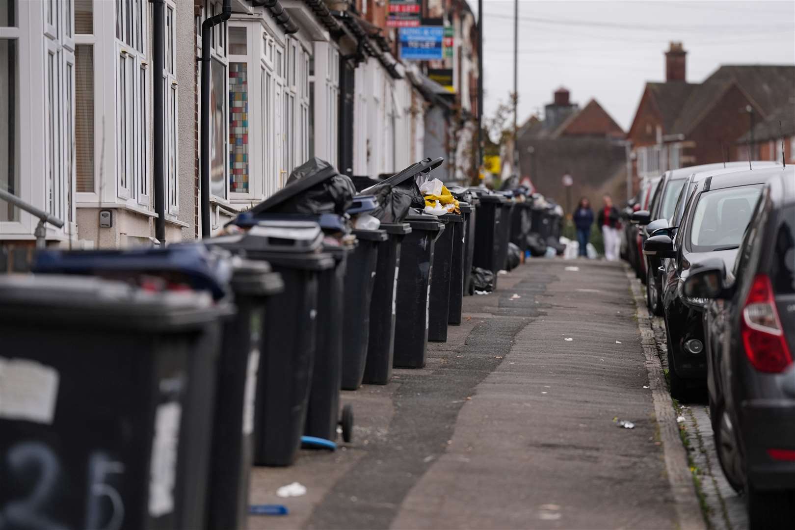 Rows of overflowing bins in the Selly Oak area of Birmingham (Jacob King/PA)
