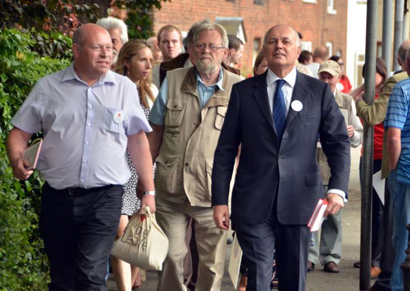 Craig Jackson (left), Vote Leave campaign co-ordinator for South Holland and the Deepings, and Holbeach parish and district councllor Paul Foyster (centre) on the campaign trail in Holbeach with Iain Duncan-Smith MP. Photo by Tim Wilson.