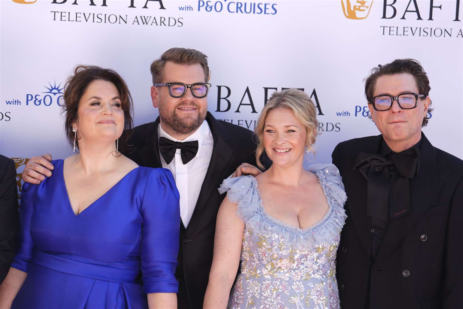 The cast of Gavin and Stacey (left to right) Ruth Jones, James Corden, Joanna Page and Mathew Horne attending the 2025 Bafta Television Awards (Jordan Pettitt/PA)