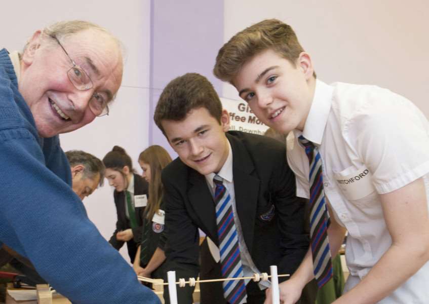 Downham Town Hall Rotary Club Technology Tournement.Pictured FLtoR Mike Coles. with students Will Freeman. Peter Stratford. ANL-160903-171437009