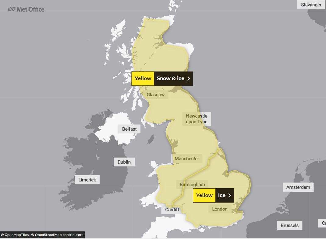 The Met Office has issued a snow and ice warning for much of the UK on Sunday. (61359284)