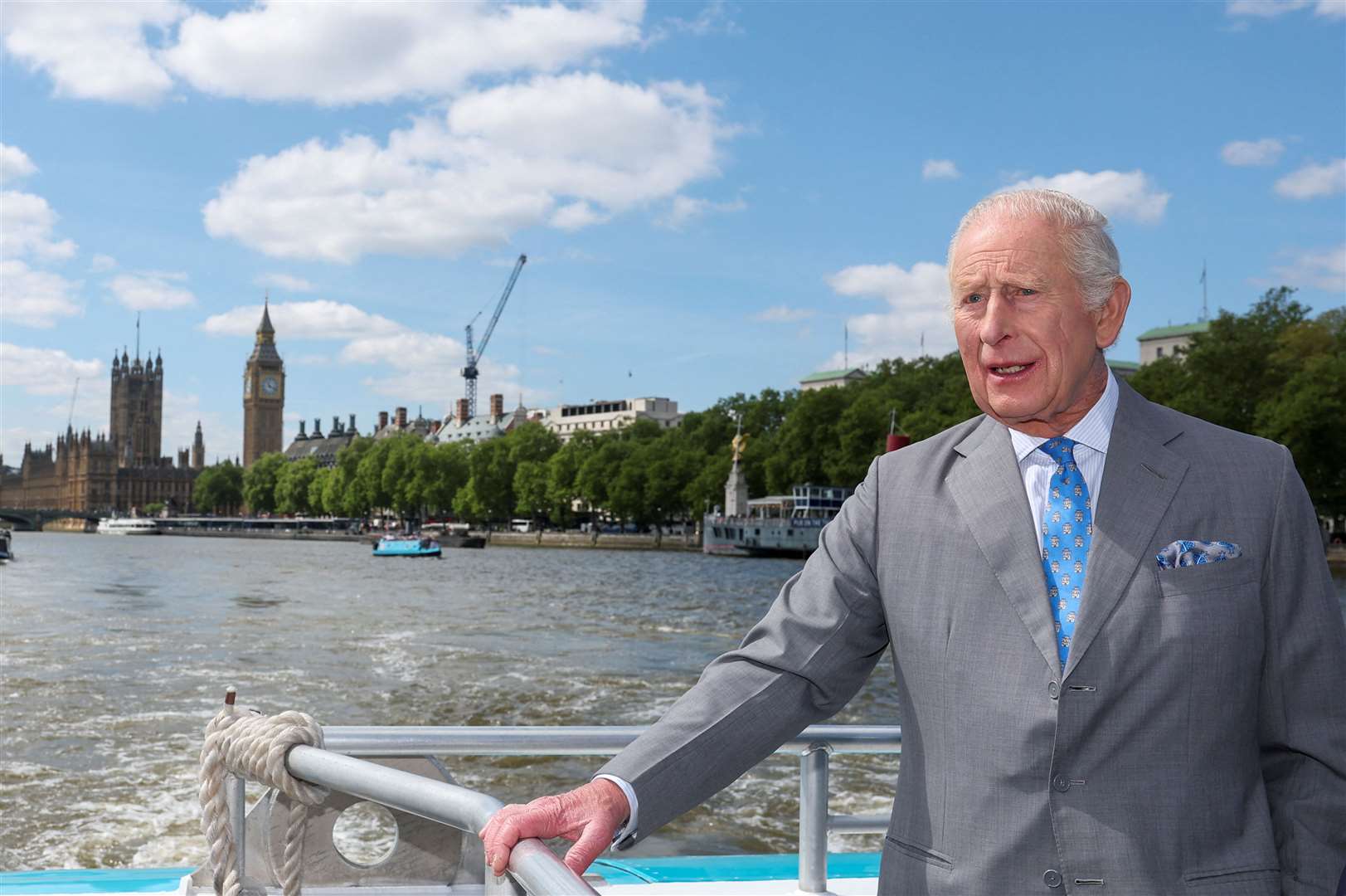 The king travelled to the project on the Mars Clipper, an Uber Boat usually used by passengers (Toby Melville/PA)