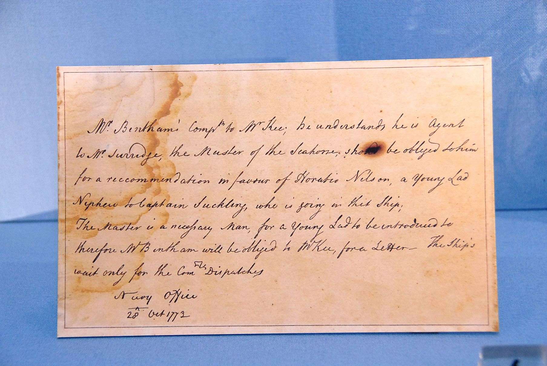 A letter from the Navy Office requesting a reference for the young Horatio Nelson dated October 1772
