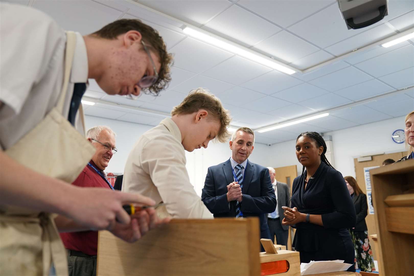 Conservative leader Kemi Badenoch meets students at Prince Henry’s High School in Evesham, Worcestershire (Jacob King/PA)
