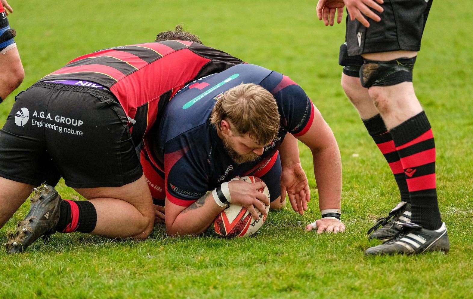Wisbech loose-head prop Luke Green powers over the try line for his try. Picture: Andy Titmuss