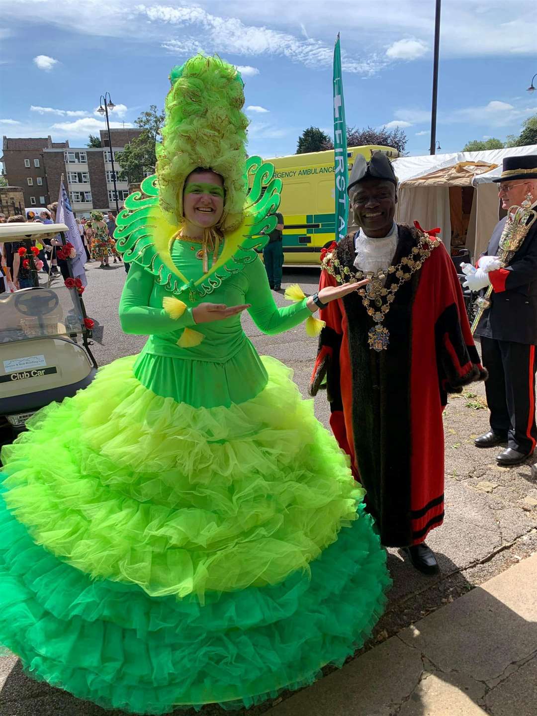 Mayor Sidney Imafidon with one of the street entertainers. Photo: Wisbech Town Council.