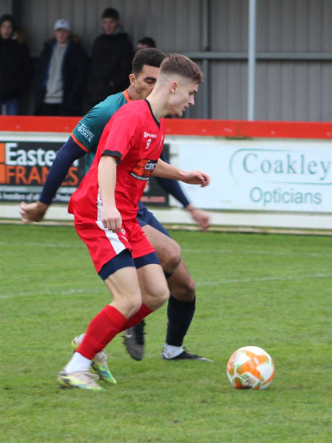 Action from today's game between Wisbech Town and Newark & Sherwood. Photo: ERIN LARHAM