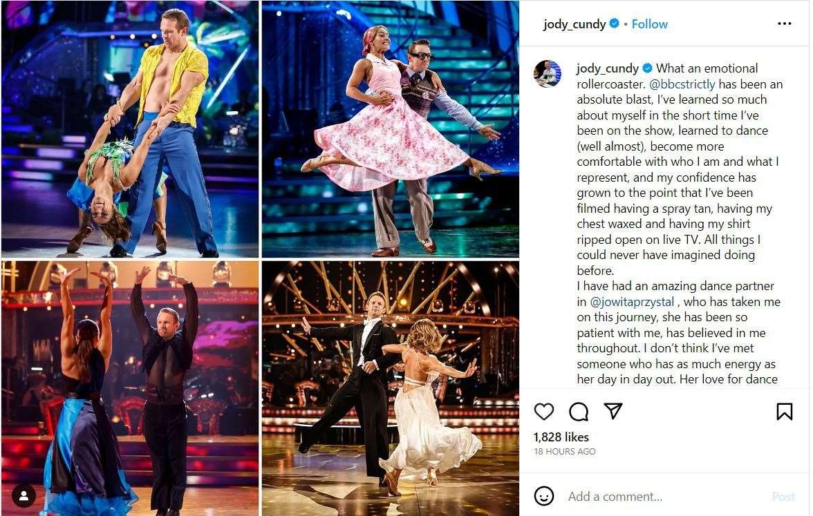 Jody Cundy took to Instagram after his Strictly exit. Picture: Jody Cundy/BBC/Instagram