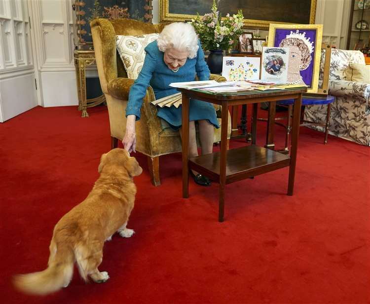 The Queen with one of her dogs, a Dorgi called Candy, as she viewed a display of memorabilia from her Golden and Platinum Jubilees in the Oak Room at Windsor Castle (Steve Parsons/PA) (61596248)