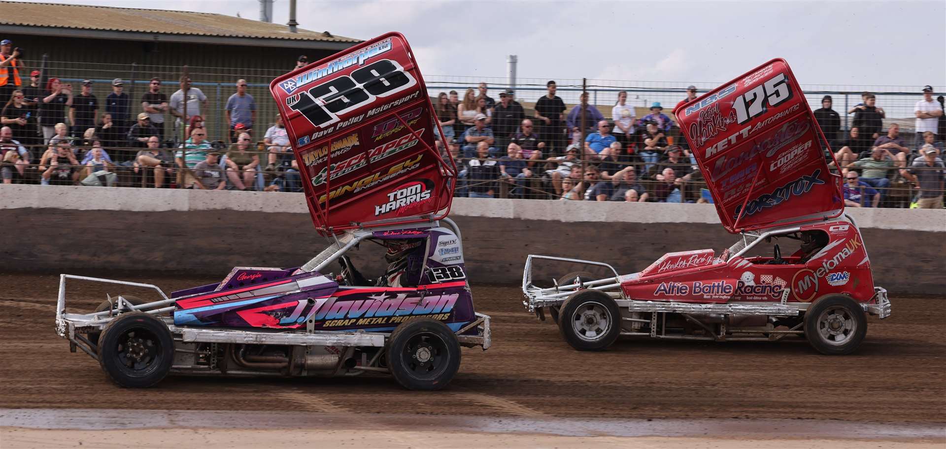 138 Dave Polley leads the way from 175 Karl Hawkins in the F1 stock cars. Picture: Kevin Wickham