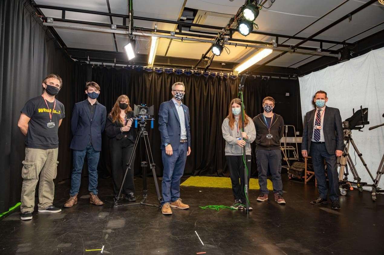 From left: CWA Creative Media lecturer James Fox, Jack Godfrey-Long, Jodie Blaaser, MP James Wild, Marianne Hewitt, Luke Barnes and CWA Principal David Pomfret . (51690161)