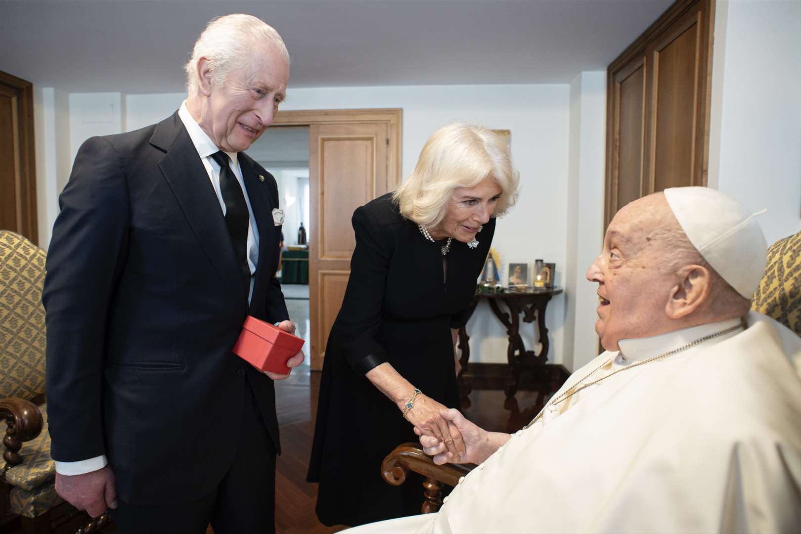 The King and Queen meet Pope Francis during a private audience on April 9 (The Vatican/PA)