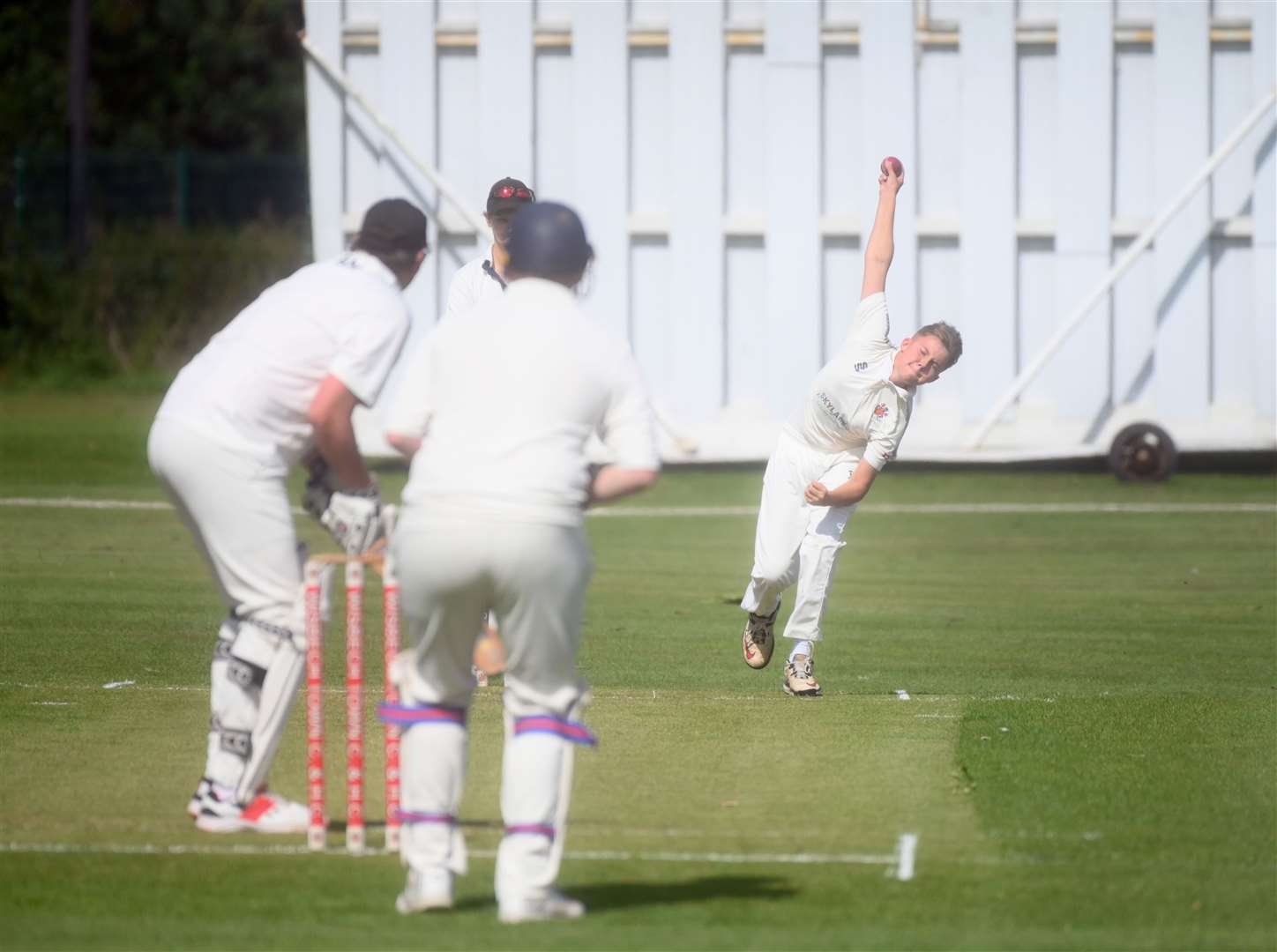 Henry Gowler bowling for Wisbech 3rds v St Ives Town & Warboys 3rds
