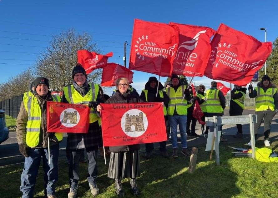 Jo Rust, secretary of the King's Lynn and District Trades Council, joined the workers on the picket line outside the Long Sutton factory. Picture: Jo Rust