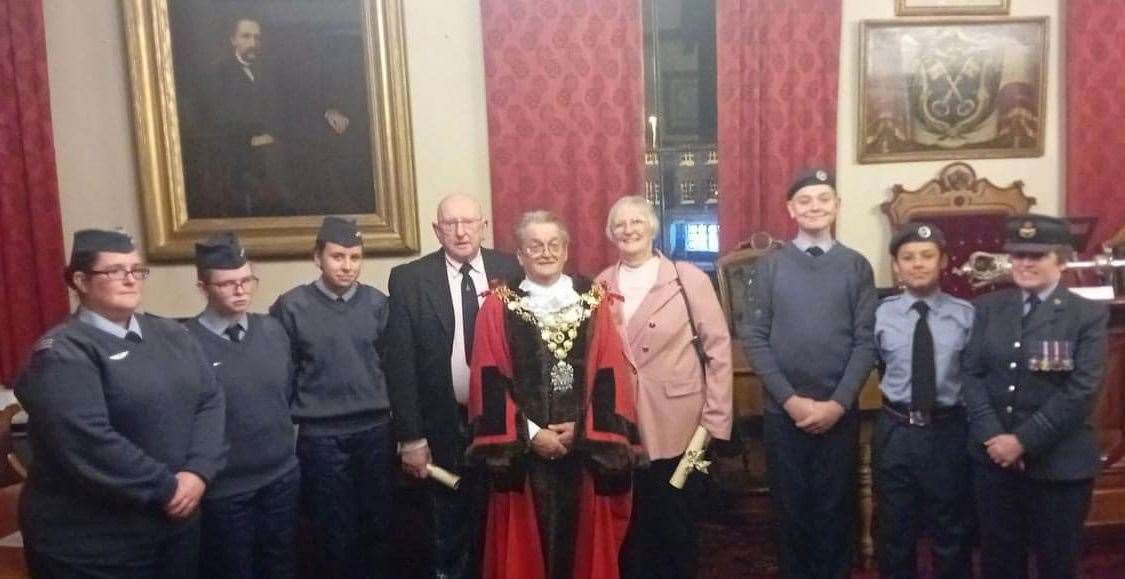 Ray and Jan Hutchinson with Wisbech mayor and members of the town's cadet forces.