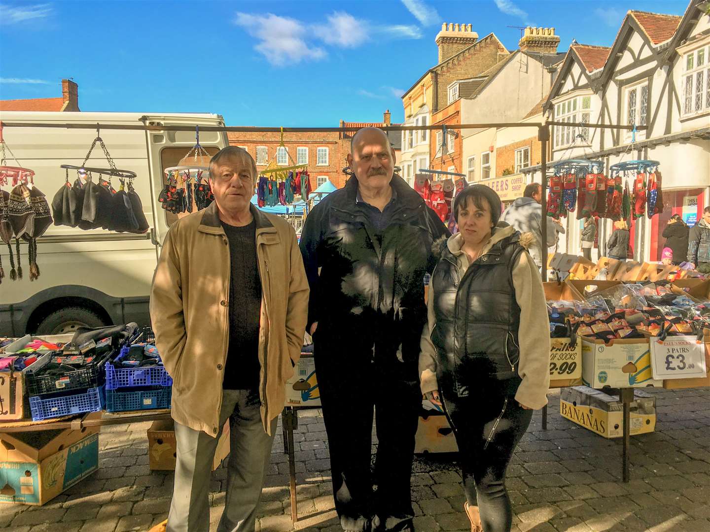 There are calls for Roger Vanhinsberg to be employed as the town's security guard. He is pictured with market trader Jo Davis and town resident Norman Melton, who agrees there are issues in the Market Place. (5086365)