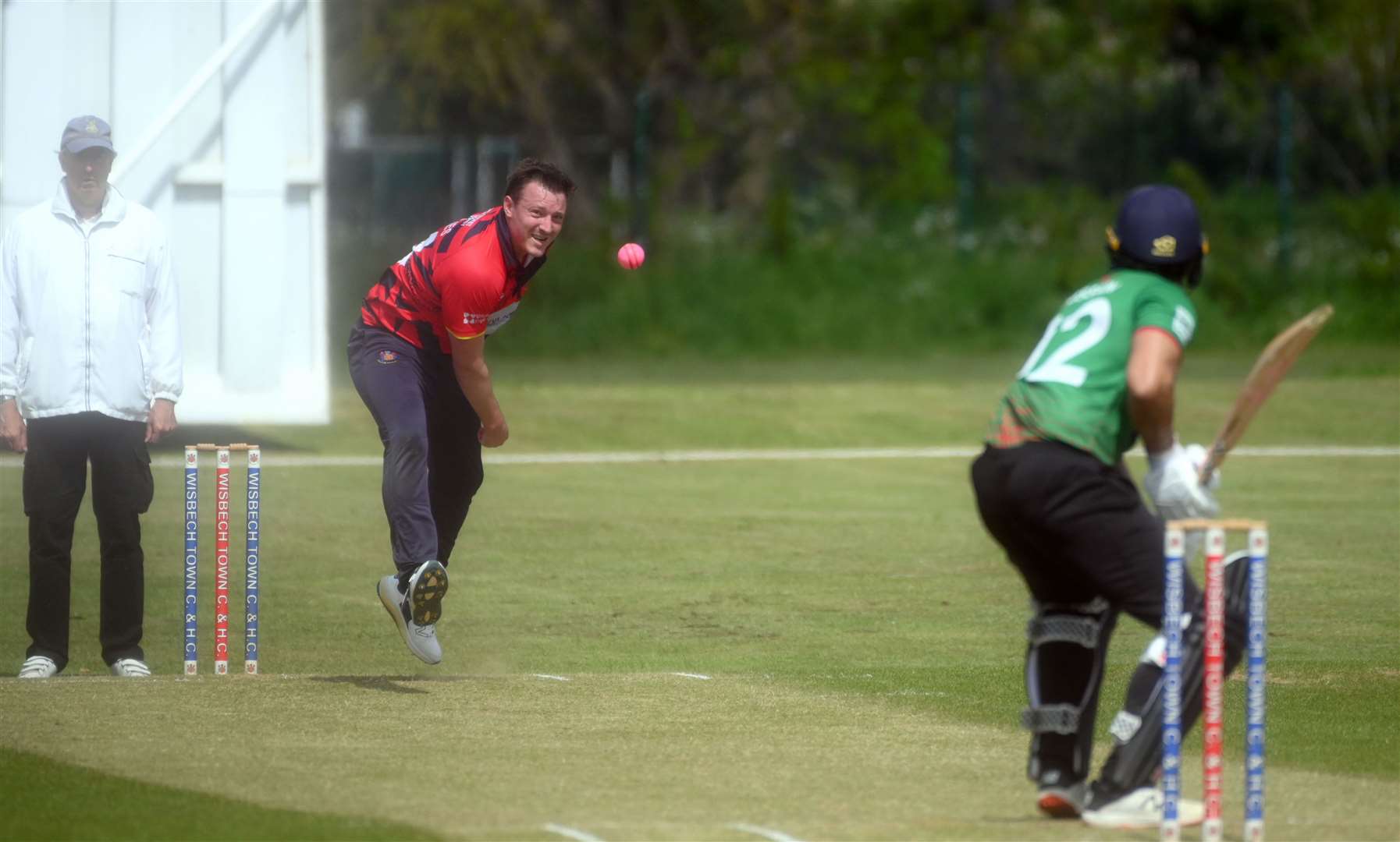 Kieran Haynes bowling for Wisbech. Picture: Adam Fairbrother