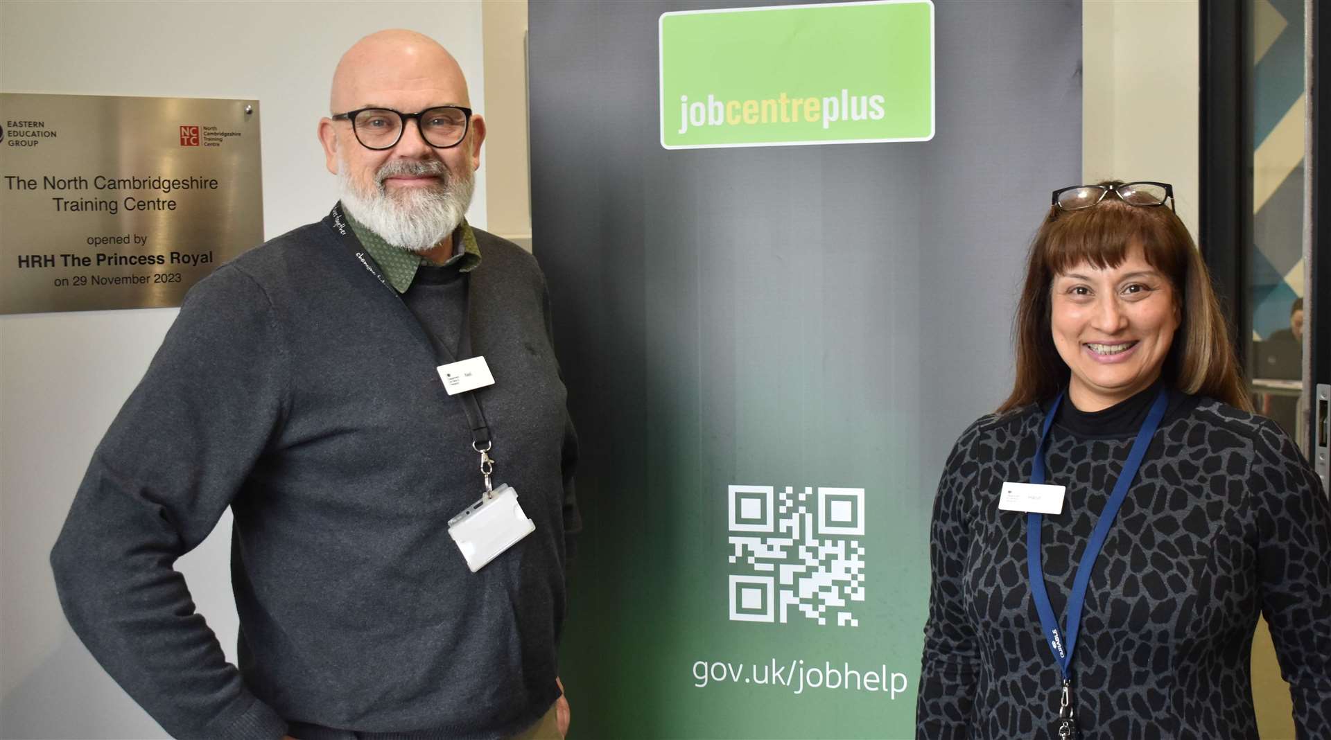 Neil Duncan and Harjit Kaur from the Ely job centre at the NCTC jobs fair