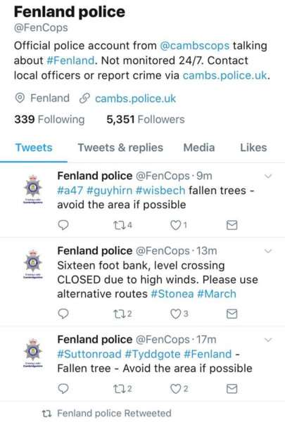 Police were Tweeting updates on road closures across Fenland.