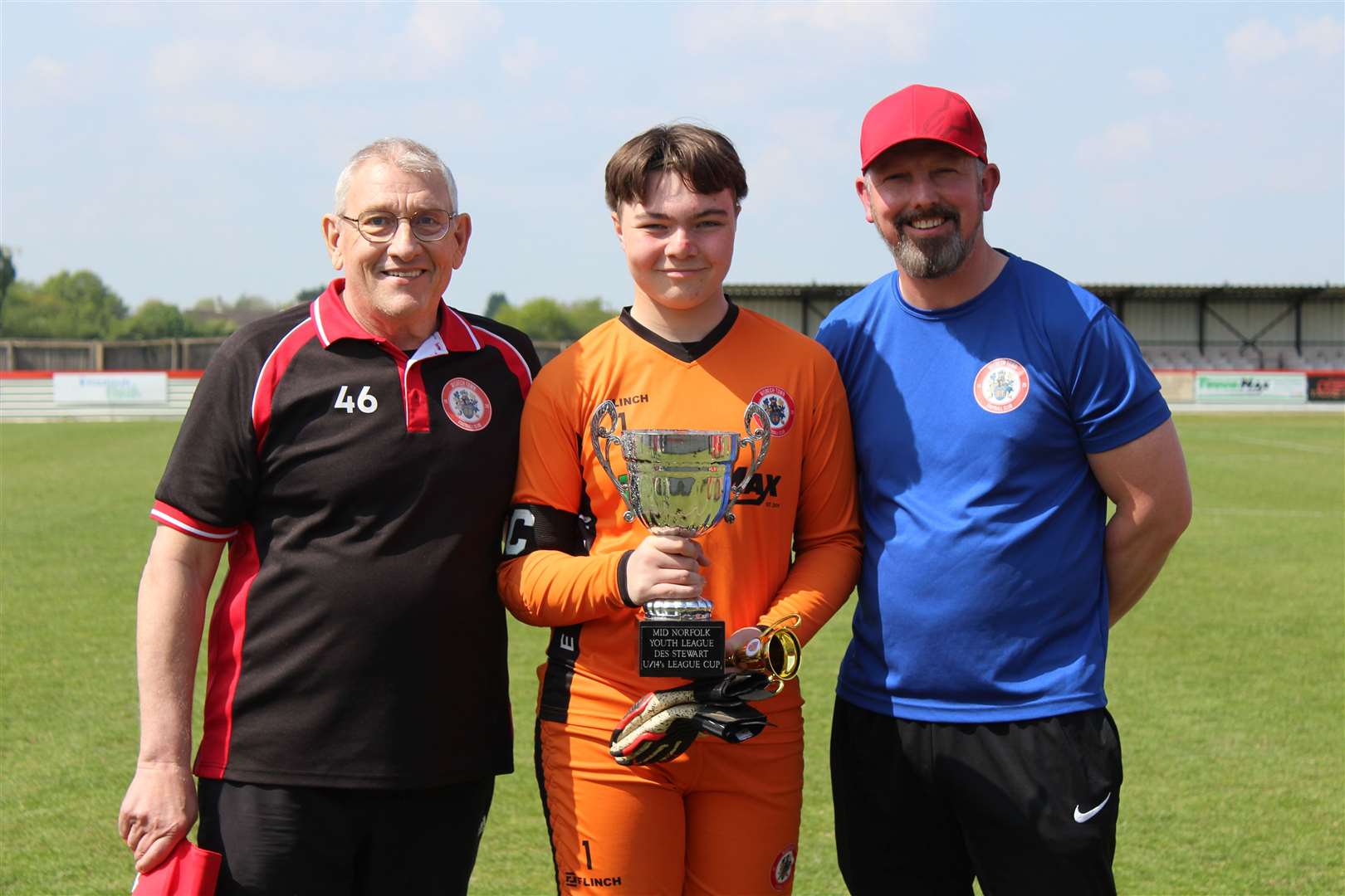Wisbech Academy director Paul Probets, captain and goalkeeper Oliver Beesley and under-14 manager Ady Cooper. Picture: Erin Larham