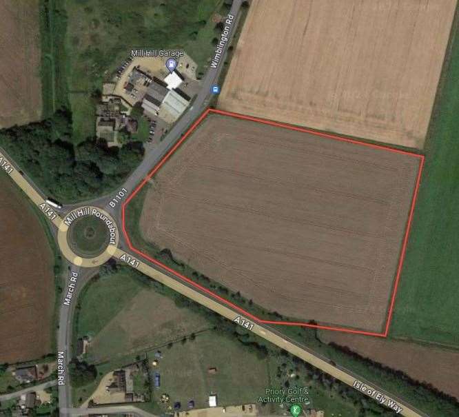 The proposed site lies opposite Mill Hill garage and the Priory Golf Range.