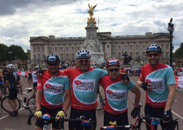 FOUR RIDELONDON: Charlie Bingley, Paul Kierman, Luke Mayne and Jonathan Sewell on The Mall outside Buckingham Palace after cycling 100 miles through London and Surrey.
