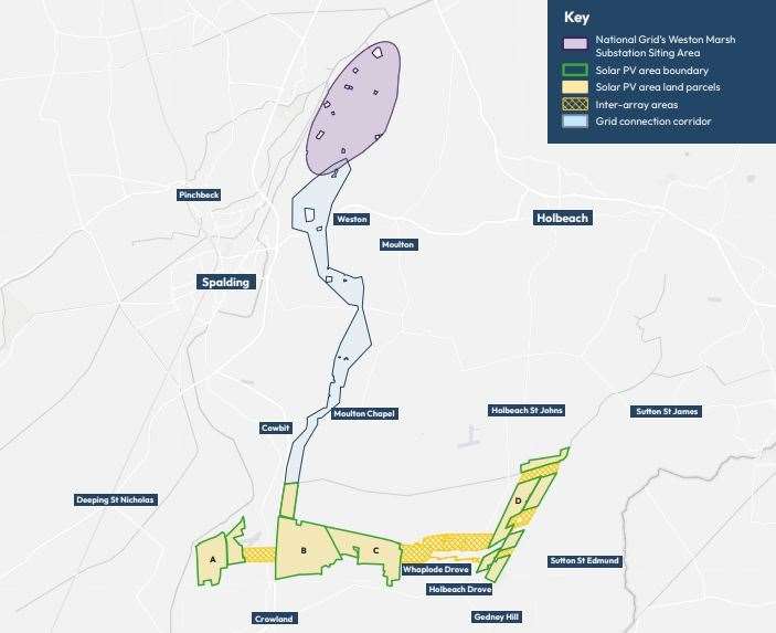The site map showing the locations for the 1,100 hectare solar farm along with the connection route of overhead lines to the Weston Marsh substation. Picture: Meridian Solar