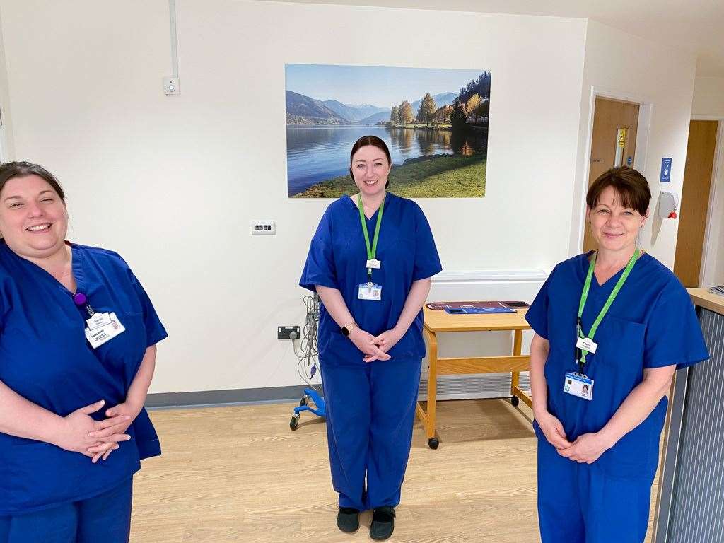 Some of the Alan Hudson Day Treatment Centre team in their scrubs onThursday 16 April. Left to right: Sarah-Jayne Danks (Registered Nurse), Emma Bratby(Lead Nurse, Hospice at Home), Claire Walpole (Sister). (33648025)