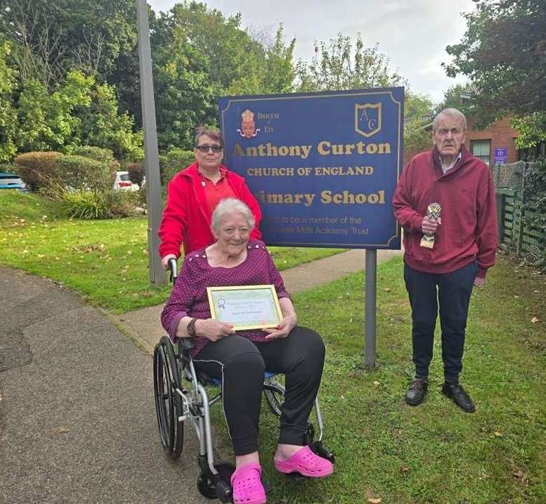 Roz, Sarah and Roy outside Anthony Curton School.