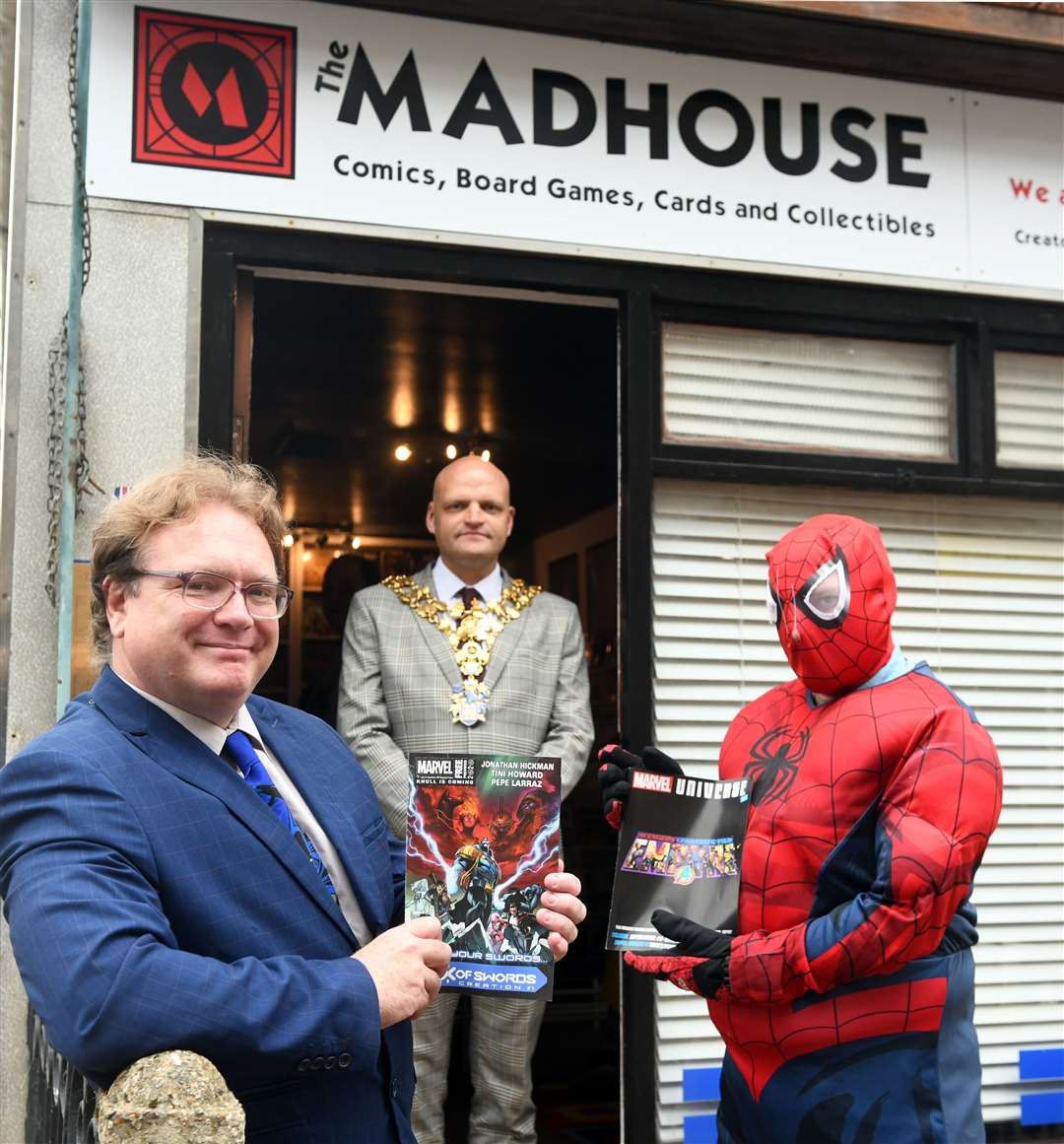 Opening of Madhouse..left to right Steve Tierney, Wisbech Mayor Aigars Balsevics and Spiderman. (37880952)