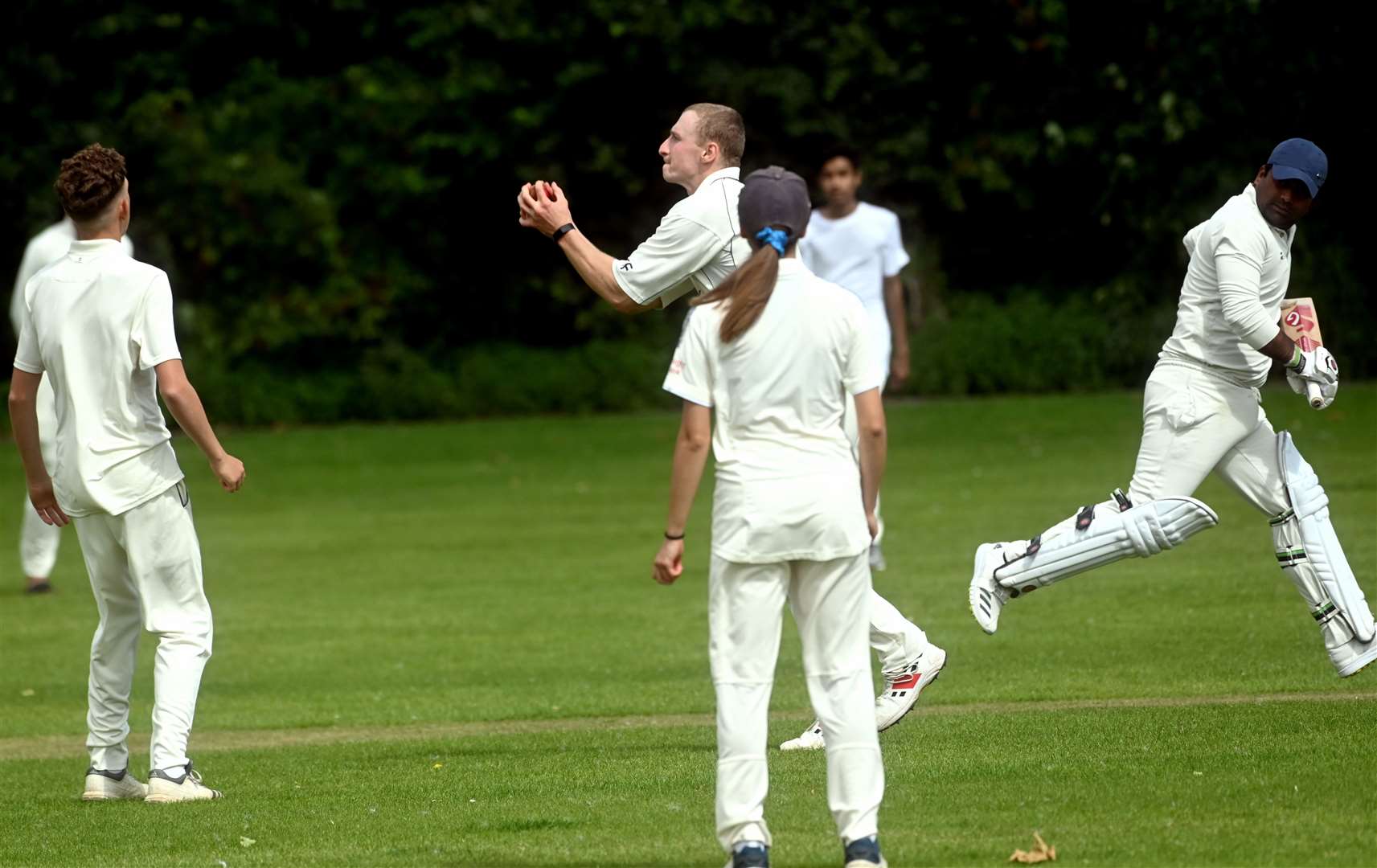 Tom Freear taking a caught and bowled for Wisbech 3rds v Telugu 3rds