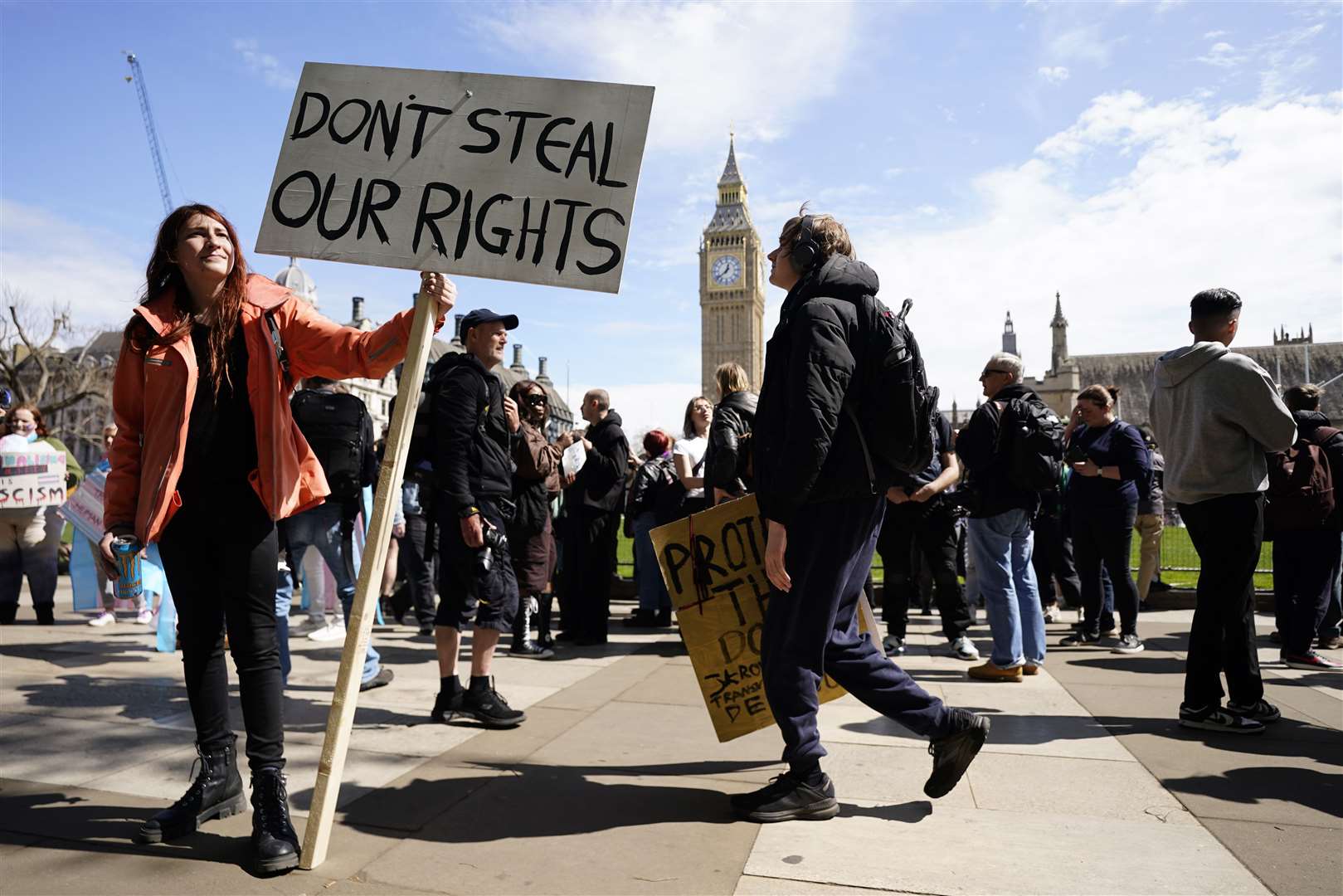 Campaigners take part in a rally organised by trans rights groups, trade unions, and community organisations at Parliament Square, central London, following the Supreme Court ruling on the definition of a woman in equalities law (Andrew Matthews/PA)