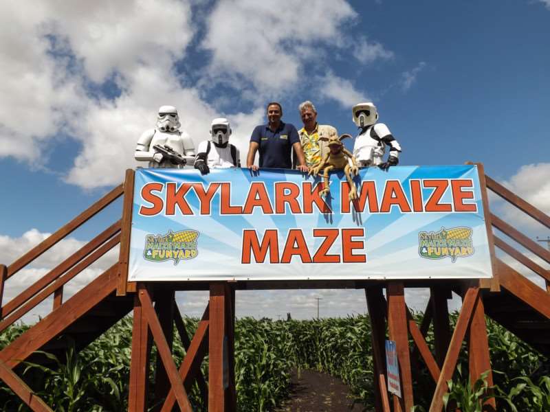 Tim Rose and Skylark's Ed Gowler with the Storm Troopers on the bridge in the middle of the maize maze.